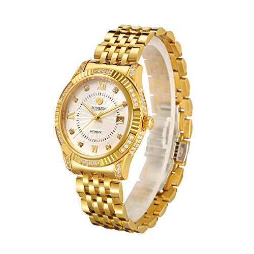 BINLUN メンズ 腕時計 自動機械式 ウォッチ 男性用 夜光 日付表示 ダイヤモンド高級ウォッチ 入り シンプル 優雅 おしゃれ 腕時計(金) [並行輸入品]